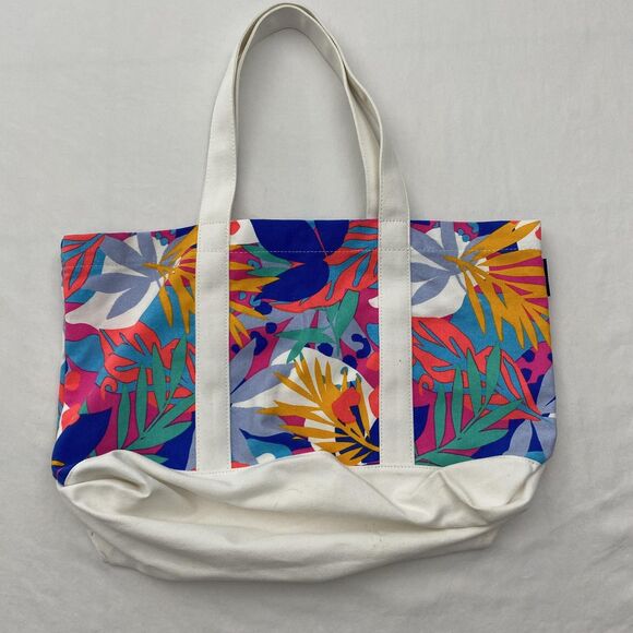 J.Crew Canvas Tote Bag Tropical Leaf Print One Size Beach Purse Handbag Shopper - Picture 2 of 15